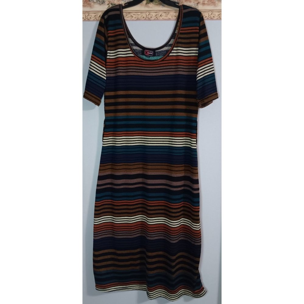 Cherry Krave 2X Multicolor Strip Neutral Knit Stretch Maxi Boho Vintage 90s Dres